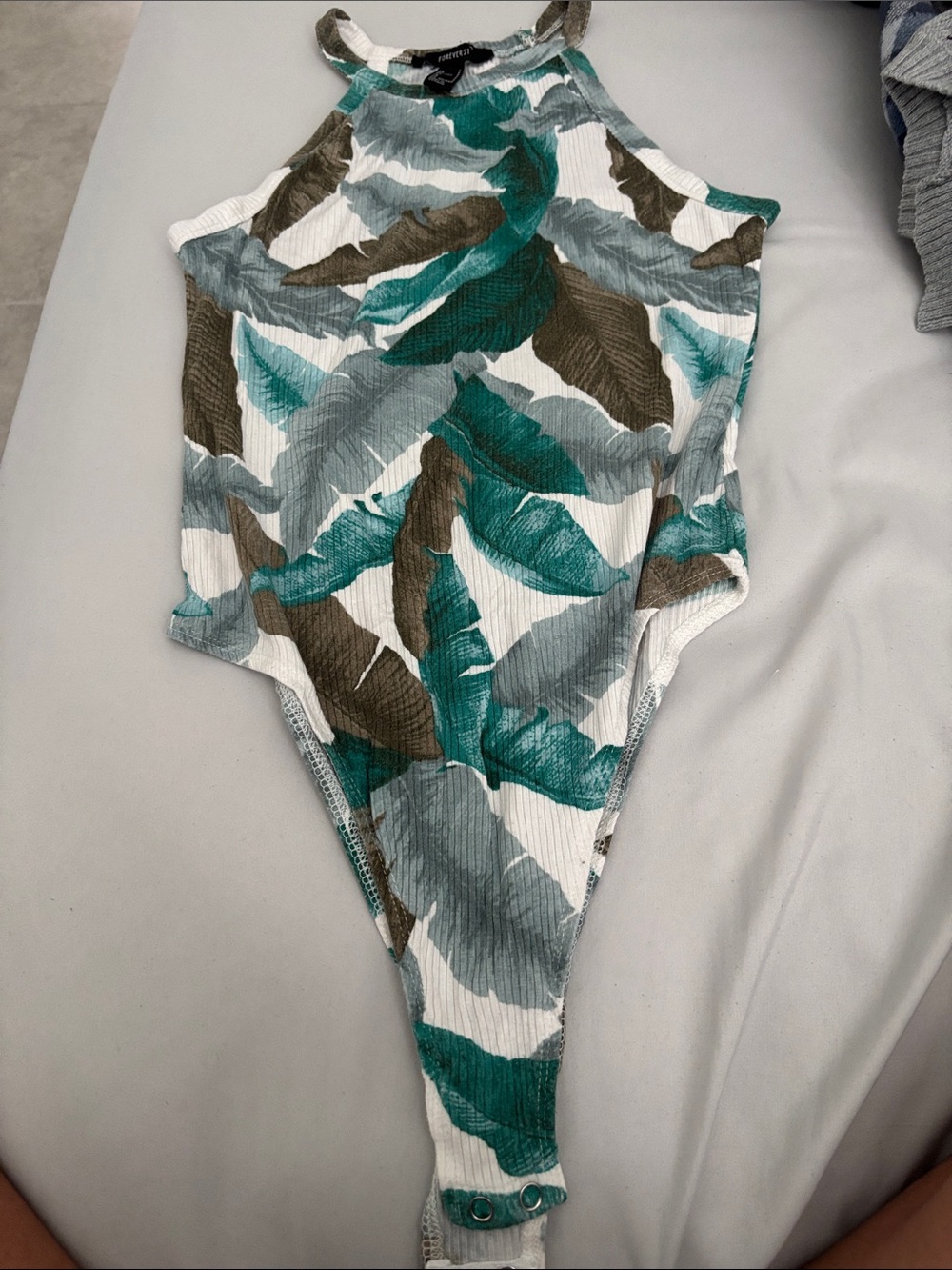 Forever 21 Ribbed Leaf-Print Bodysuit in Teal, Olive & White